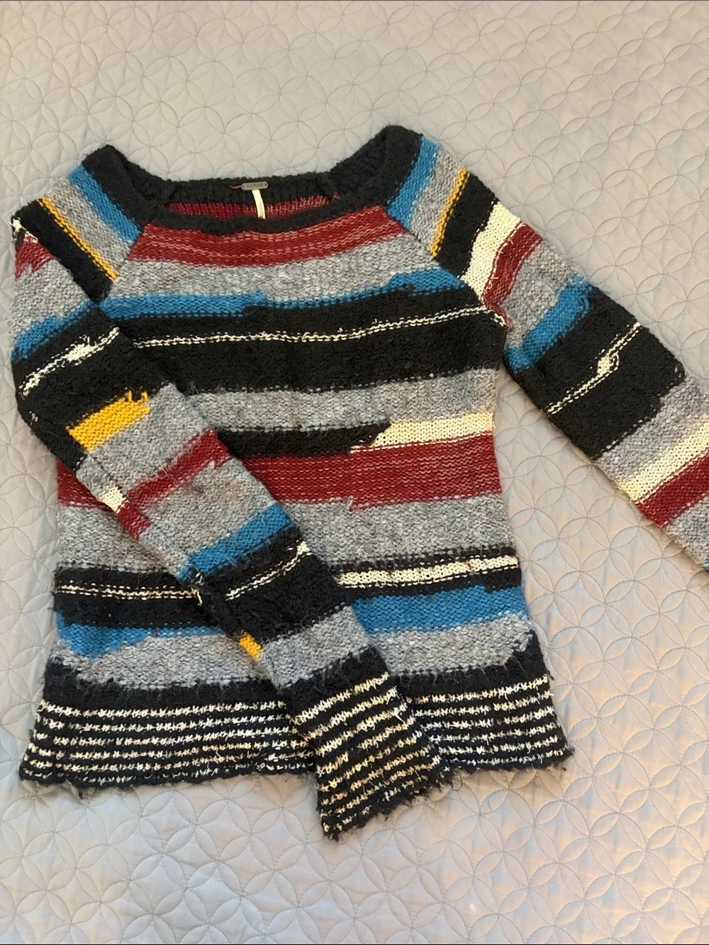 Free People Striped Crewneck Sweater in Black, Gray, Blue, Red & Yellow
